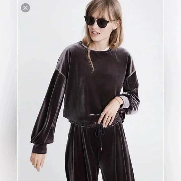 Madewell Dark Grey Metal Velvet Balloon Sleeve Sweatshirt Size Medium M - Picture 6 of 6